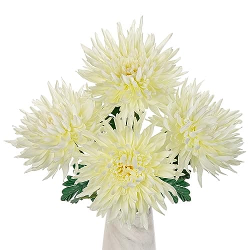 Image of Oairse 6'' Large Artificial Chrysanthemum Flowers 4pcs Silk Flower with 65cm Long Stem Cream White Fake Flowers Faux Spider Mums Flower for Autumn Decorations Flora Arrangement Bridal Bouquet