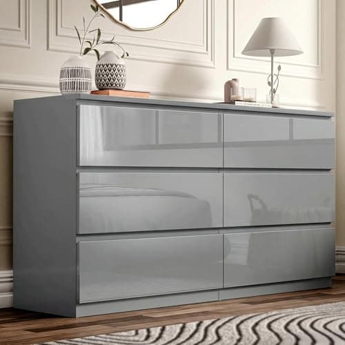 Image of Blisswood Grey High Gloss Chest of Drawers 6 Drawer Bedroom Storage Cabinet with Metal Runners, Chest for Clothes Storage, Modern Living Room Hallway Nursery Office Furniture 40D x 120W x 77H CM Grey