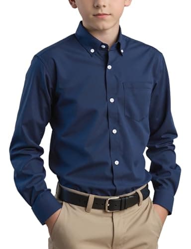 Image of Spring&Gege Boys Long Sleeve Uniform Woven Twill Button Down Shirt for Children Navy Blue Size 11-12 Years