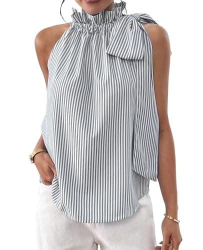 Image of MINTLIMIT Women's Sleeveless Striped Blouses Stand Collar Tie Front Shirts Summer Casual Striped Tank Tops