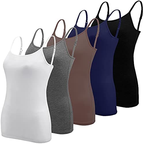 Image of BQTQ 5 Pieces Basic Camisole Adjustable Strap Vest Top for Women and Girl, Black, White, Dark Grey, Navy, Brown, L
