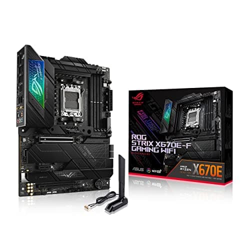 Image of ASUS ROG Strix X670E-F Gaming WiFi AMD Ryzen AM5 ATX motherboard, 16 + 2 power stages, DDR5 support, four M.2 slots with heatsinks, USB 3.2 Gen 2x2, PCIe 5.0, WiFi 6E, AI Cooling II, and Aura Sync