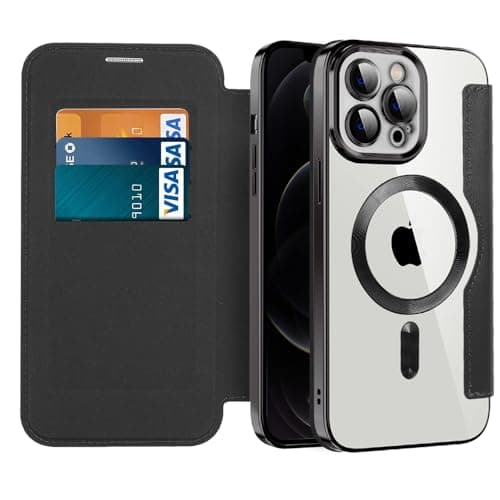 Image of IMIRST Magnetic Case for iPhone 12 Pro Max, [Compatible with MagSafe] Premium Flip Leather Card Holder with RFID Blocking Clear Shockproof Phone Case Cover for Apple iPhone 12 Pro Max, WD Black