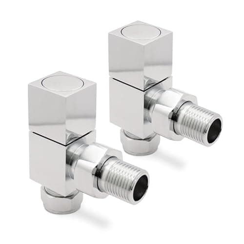 Image of Chrome Angled Radiator Valves Square Modern Radiator Valves Pair of 15mm x 1/2" (Set of 2) for Heated Towel Rails & Central Heating Radiators Chrome Radiator Valve Set