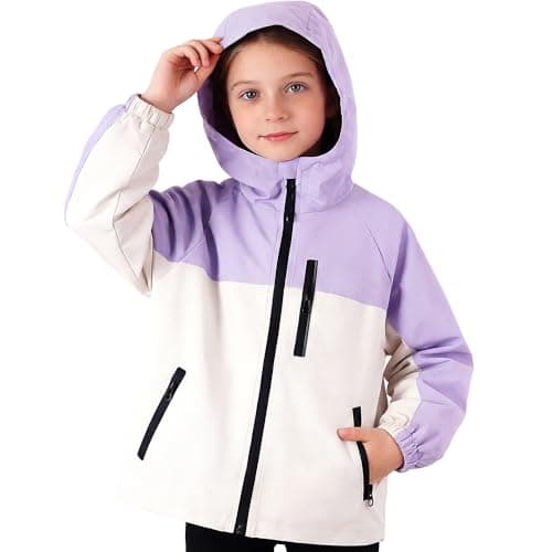 Image of Hoseay Kids Jacket Waterproof Windproof Raincoats with Reflective Strips and Zipped Pockets Lightweight Hooded Windbreaker Girls Functional Outerwear Camping for Age 13, Purple White