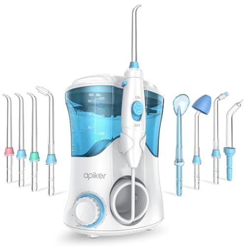 Image of Apiker Water Flosser, Electric Oral Irrigator for Dental Plaque Removal & Oral Hygiene,Water Flossers for Teeth with 8 Jet Tips, 600ml Tank,10 Pressure Settings, for Home Use, 2 Pin EU Plug, White