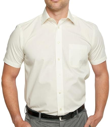 Image of Double Two Men's Short Sleeve Cream Classic fit Cotton Blend Shirt