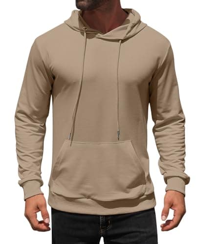 Image of AIYINO Mens Long Sleeve Classic Plain Pullover Hooded Sweatshirt Hoodie Sweater M Khaki