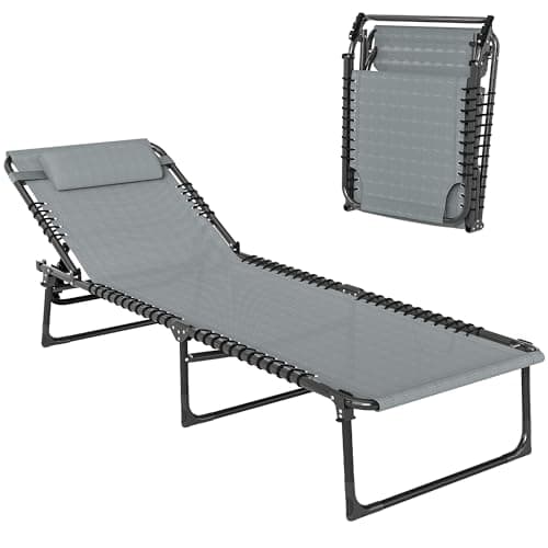 Image of Outsunny Foldable Sun Lounger, Outdoor 4 Level Adjustable Backrest Reclining Chaise Chair, Steel Frame Recliner Chair for Camping, Hiking, Light Grey