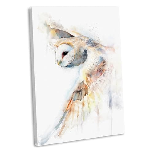 Image of Barn Owl Flight Canvas Art Print, Framed Watercolour Nature Picture, Wildlife Animal Theme Home Wall Decor, Bird Painting (14x20 Inch / 35x51cm)