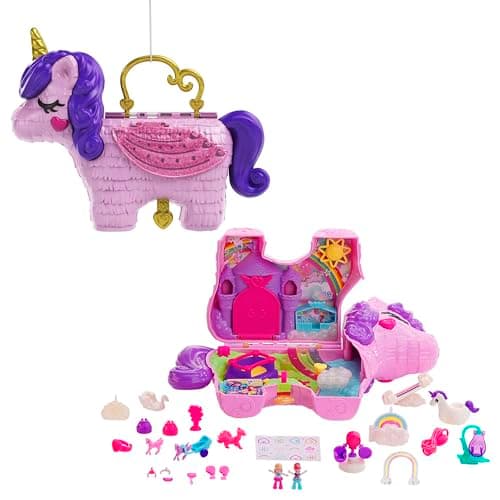 Image of Polly Pocket Micro, Unicorn Party Playset, Pink Unicorn Toy with Purple Hair, 25 Toy Surprises Inside, Toys for Ages 4 and Up, One Polly Pocket Playset, GVL88