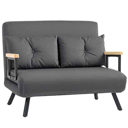 Image of HOMCOM 2 Seater Sofa Bed, Click Clack Convertible Bed Settee, Modern Velvet Feel Fabric Sofa Couch with 2 Tufted Cushions, Wood Armrests for Living Room, Bedroom, Guest Room, Dark Grey