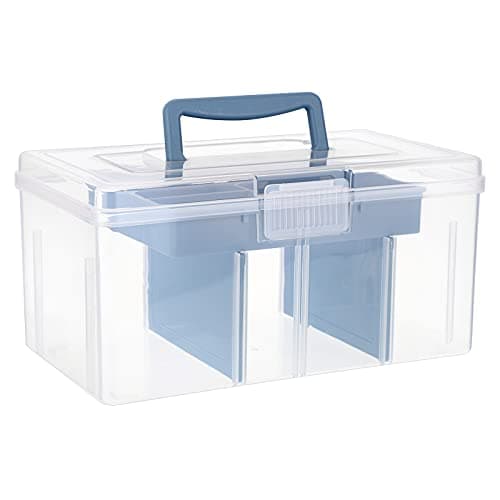 Image of IGNPION Clear Craft Stackable Storage Box with Storage Tray Plastic 7-compartment Mulit Purpose Storage Container for Storing&Organising Toys, Arts Crafts, Stationery, Sewing, Fishing Tackle, Blue