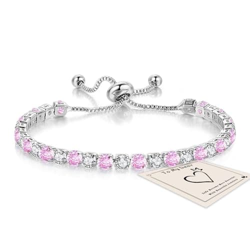 Image of Pink Tennis Bracelets for Women, Sterling Silver Bracelets Pink Diamond Adjustable Bracelet, Silver Crystal Friendship Lady Bracelet Cubic Zircona Jewllery Birthday Gifts for Her