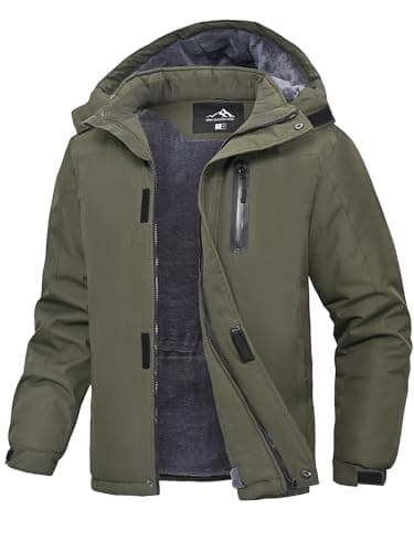 Image of Peakwell Men's Waterproof Mountain Hiking Jacket Outdoor Warm Fleece Winter Coat with Detachable Hood, Army Green, M