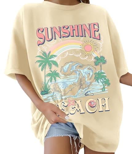 Image of Lonya Women's T-Shirts Oversized Tops for Women Y2k Sunshine Beach Letter Printed Round Neck Rainbow Graphic Tee Ladies Short Sleeve Summer Tops Casual Baggy Cotton T Shirts,A-Pale Yellow,XXL