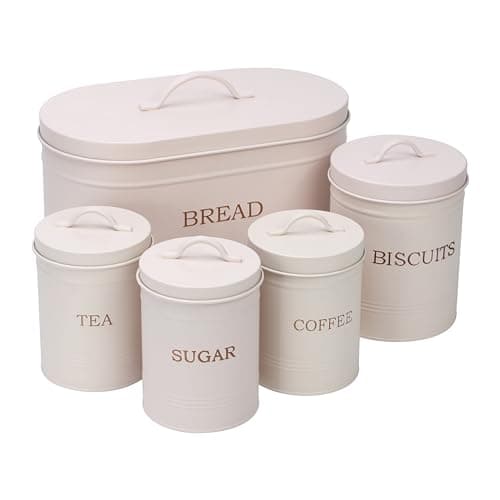 Image of simpa 5PC Vintage Style Matt Cream Metal Kitchen Storage Set Including Oval Bread Bin and Round Biscuit Tin, Tea, Coffee and Sugar Canisters.