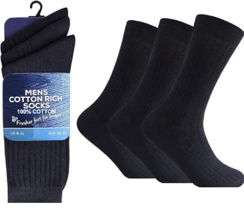 Image of OnlyBee Men's Comfort 100% Cotton 3 Pair Pack Black Dark Mix Ribbed Socks UK 6-11 (UK, Numeric, 6, 11, Regular, Regular, Black)