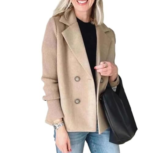 Image of DECORN Women's Lapel Button Knitted Patchwork Sleeve Casual Coat,Trendy Double Breasted Pea Coats with Pockets,Winter Blazer Loose Jackets Tops(Khaki,XL)