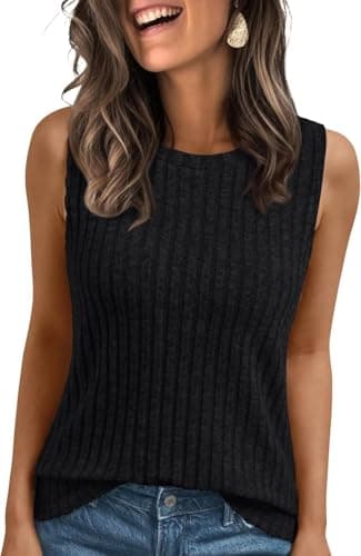 Image of TrendiMax Women's Sleeveless Crew Neck Tank Tops Summer Loose Fitted Ribbed Knit Basic Vest Shirts Black