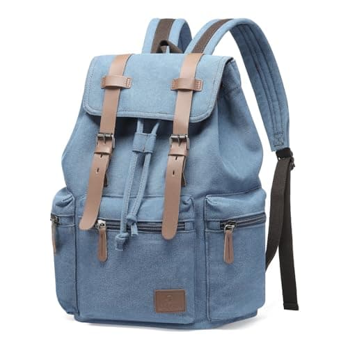 Image of DTGN Vintage Canvas Backpack for Men & Women, Durable Casual Daypack with Leather Accent, Fits for College, Work, Travel, & Outdoor, Blue