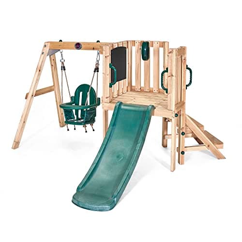 Image of Plum Play Kids Outdoor Junior Activity Centre Swing and Slide Garden Multiplay Set for Climbing - Chalkboard, 4ft Slide, Baby Swing Seat - Children Toddlers 12 Months Plus
