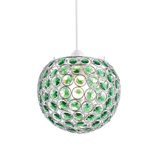 Image of Modern Round Globe Easy Fit Pendant Shade with Small Forest Green Acrylic Bead Jewels | 18cm Diameter | 60w Maximum | Simple Installation by Happy Homewares