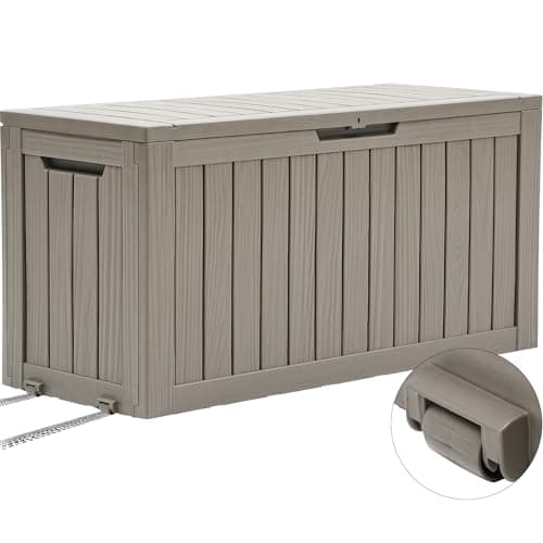 Image of YITAHOME Outdoor Storage Box with Wheels, 270L Plastic Deck Box, Waterproof Garden Chest for Cushions, Tools & Pool Supplies, Lockable, Faux Woodgrain, 114.7 x 46.5 x 57.6 cm, Light brown