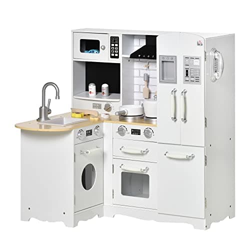 Image of HOMCOM Toy Kitchen, Wooden Kids Kitchen with Realistic Refrigerator, Microwave, Oven, Range Hood, Sink, Telephone, Sounds, Storage Space, for 3-6 Years Old, White