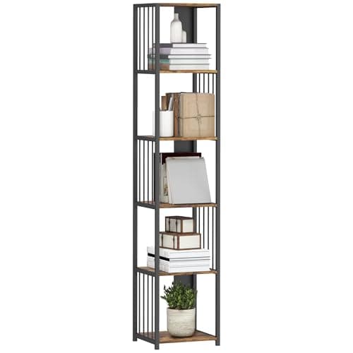 Image of HOMCOM 5-Tier Bookshelf, Modern Tall Bookcase with Steel Frame, Freestanding Display Storage Unit for Living Room, Bedroom, Study, Home Office, Rustic Brown
