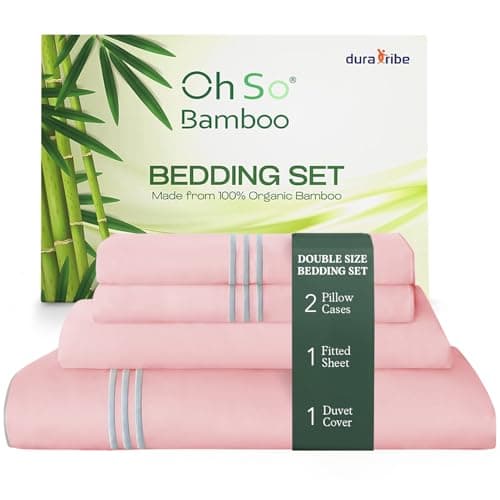 Image of DURA TRIBE Oh So Bamboo Bedding Set 4 Piece Double - Rose Quartz - Hypoallergenic Duvet Cover, Fitted Sheet & 2 Pillowcases Made from 100% Organic Bamboo Viscose Cooling Silky-Soft & Smooth Material