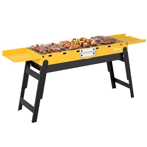 Image of Outsunny Portable BBQ Grill, Foldable Charcoal Grill for Camping and Picnics, Charcoal Barbecue with 2 Side Shelves and Handle, Yellow