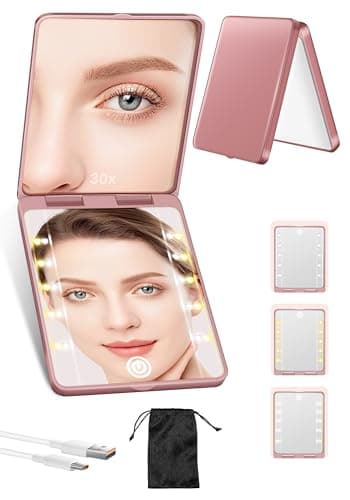 Image of Compact Mirror, Rechargeable 30X Magnifying Mirror with 3 Lighting Modes & Dimmable Brightness, Portable Travel Makeup Mirror with Light, Essentials for Travel, Pocket, Purse, Gifts for Women Rose
