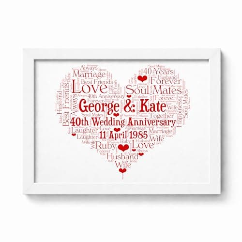 Image of Violet Grace Personalised Heart Ruby 40th Anniversary Word Art Print - Custom Forty Wedding Anniversary Picture Wall Art Gift For Couples, Wife - 100% unique to you | A5, A4, A3 Printed & Framed