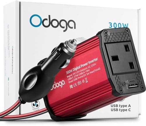 Image of Odoga 300W Car Power Inverter 12V to 240V / 230V Converter, USB-A and USB-C 3A Charging Ports - Charge Your Laptop, iPad, iPhone, Tablet, Consoles & More - Durable and Powerful - Red Aluminum Body