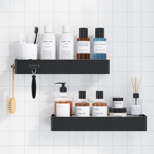 Image of Kitsure 2 Pack Rustproof Shower Caddy - 2 Shelves, Drill-Free & Quick-Dry Shower Organizer, Rustproof Bathroom Shelves with 4 Hooks, X-Large, Black