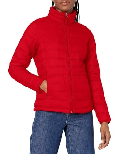 Image of Amazon Essentials Women's Lightweight long-sleeved, water-resistant, packable puffer jacket (available in plus size), Bright Poppy Red, XXL