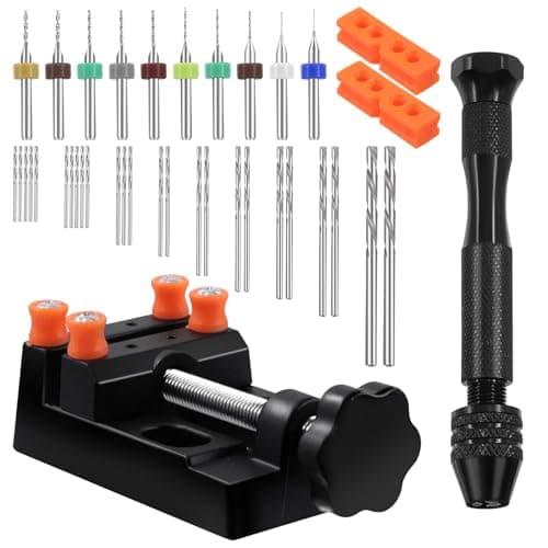 Image of Swpeet 47 Pieces Hand Drill Bits Set Include Mini Bench Vice with Clamps, Pin Vise Hand Drill, Twist Drills and Mini Drills Assortment Kit, Woodworking Hand Bits Set for DIY (0.3-1.2mm Color Bits)