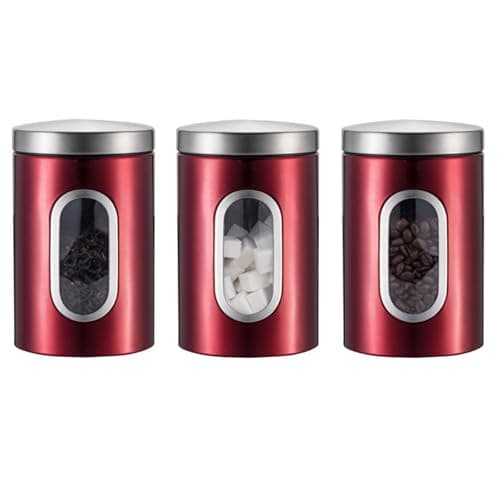 Image of kiss me 3 Pcs Kitchen Canister Set, Stainless Steel Food Storage Jar With Visable Window Coffee Tea Sugar Caddy Container For Home, Kitchen, Counter (Red)