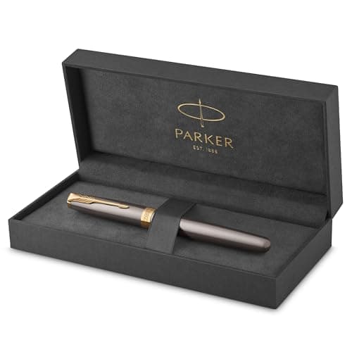 Image of Parker Sonnet Fountain Pen | Grey Lacquer with Gold Trims | Fine Stainless Steel Nib with Gold Coating | Black Ink Cartridge Refill | Gift Box | Perfect Graduation Gifts