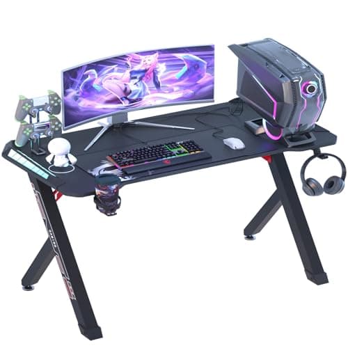 Image of FATIVO Computer Gaming Desk RGB LED Christmas Teenager Gift: Small Game Table 100cm x 60cm Carbon Fiber Black Desktop Gamer Desks for Monitor Keyboard Headphone Hook Cup Holder Home Workstation
