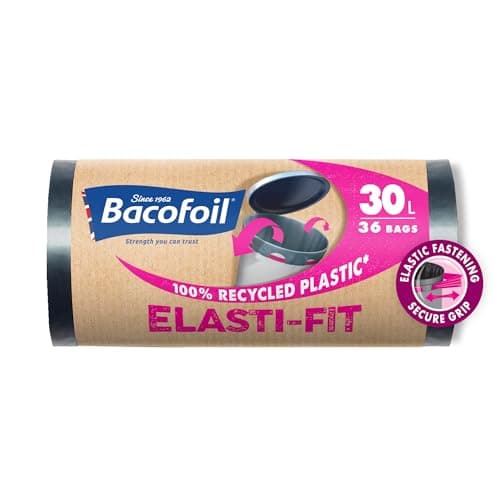Image of Bacofoil Elasti-Fit Bin Liners - 30L Recycled bin bags, 3 Rolls (36 Bags) - Leak-Proof, Elastic Fastening for Secure Fit - Made from 100% Recycled Plastic - Eco-Friendly Waste Disposal.