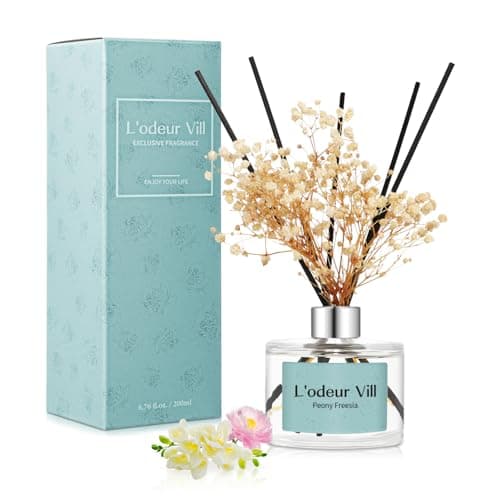 Image of L'odeur Vill Reed Diffuser Set, 200ml Luxury Home Fragrance Diffuser with 6 Fiber Sticks, Long Lasting Scented Aromatherapy for Bedroom Bathroom Living Room Office, (Peony Freesia)