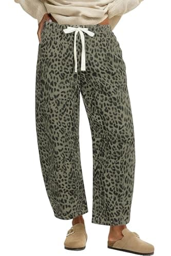 Image of loveimgs Women Baggy Cheetah Print Barrel Jeans Leopard Printed Denim Barrel Pants Elastic Waist Wide Leg Jean Drawstring Y2k, ArmyGreen, M