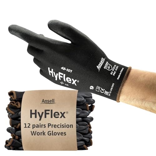 Image of Ansell HyFlex 48-101 PPE Gloves, Lightweight PU Coated Protective Gloves, Durable Safety Gloves with Enhanced Tactility, Black Nylon Liner, Work Gloves Medium for Precision Handling, 12 Pairs