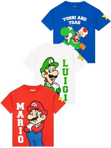 Image of Super Mario T Shirt 3 Pack, Mario, Luigi and Yoshi Boys Tshirt, Gamer Summer Tops, Cotton Boys' T-Shirts, Age 6-7 Years Multicolor