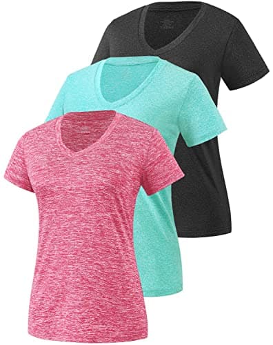 Image of Star Vibe 3 Pack Women's Short Sleeve Dry Fit T-Shirts Moisture Wicking Athletic V-Neck Gym Tee Exercise Yoga Tops Black/Cyan/Rose M