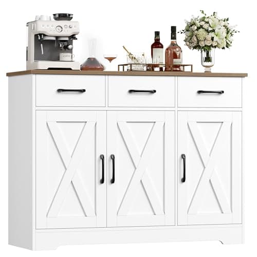 Image of HOCSOK Sideboard, Kitchen Cabinet with 3 Drawers and 3 Doors, Wooden Storage Cupboard Cabinet for Kitchen, Living Room, Dining Room, Hallway, White & Brown