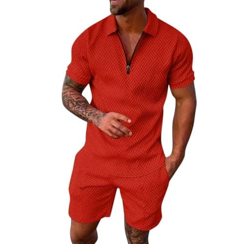 Image of Men's Sports Shorts & Polo T-Shirt Set 2-Piece Lightweight Tracksuit for Gym, Running, Holiday, Casual Summer Activewear Co-ord Outfit with Drawstring Red