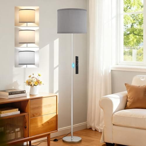 Image of PreeOtti Modern Grey Floor Lamp,Remote Control Dimmable LED Floor Light for Bedroom Kid Office, Silver Pole(9W Bulb Included)